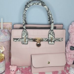 Pink Leather Embossed Satchel Faux Snakeskin handles